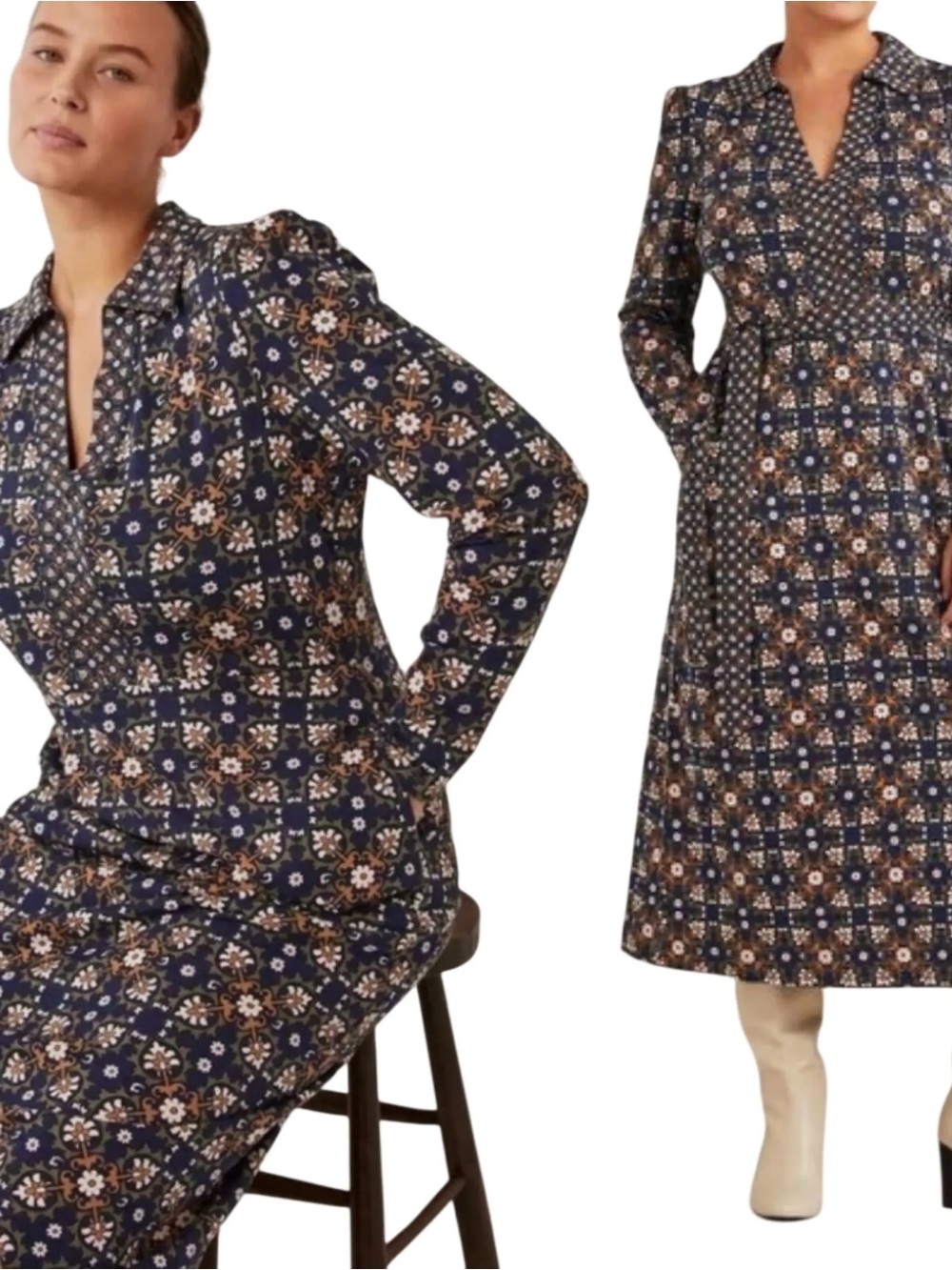 Boden - Bloom Tile Long-Sleeve Midi Dress (Navy)